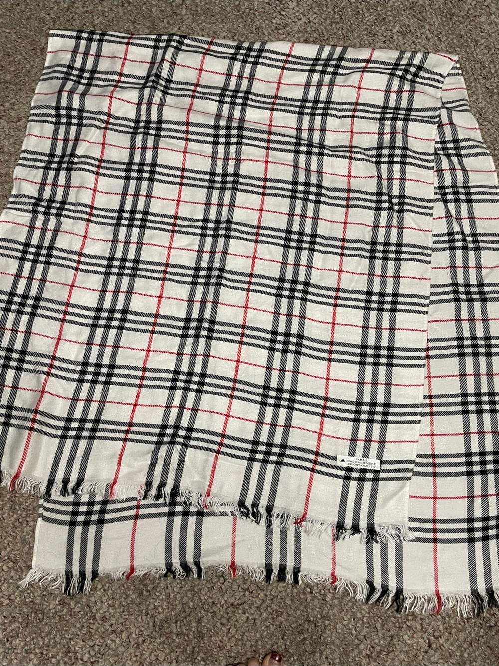 100% cashmere oversized striped fringe end scarf
